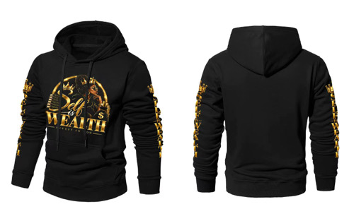 Self Is Wealth black premium hoodie with gold graphic details
