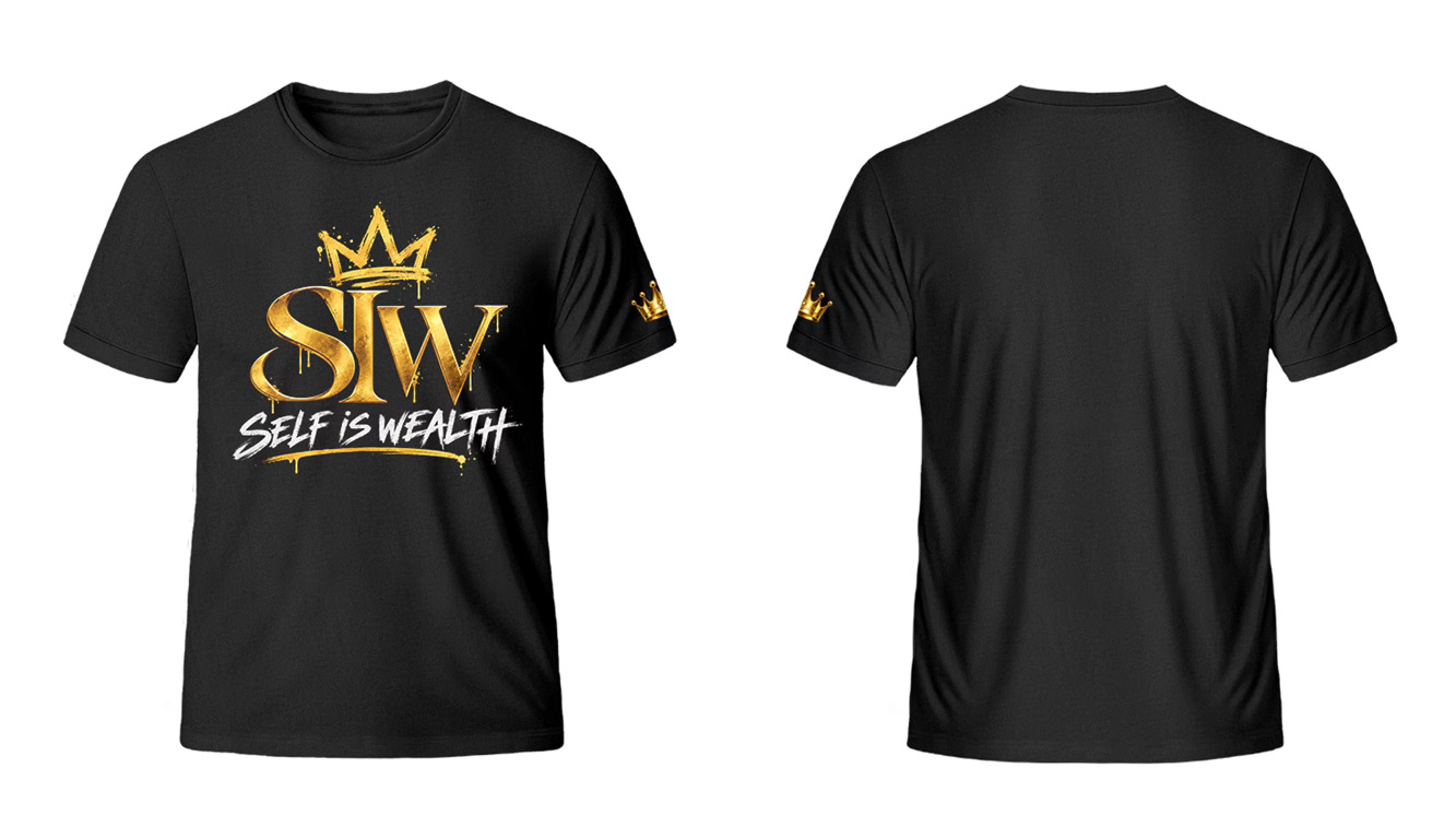 Self Is Wealth black signature tee with gold SIW crown graphic