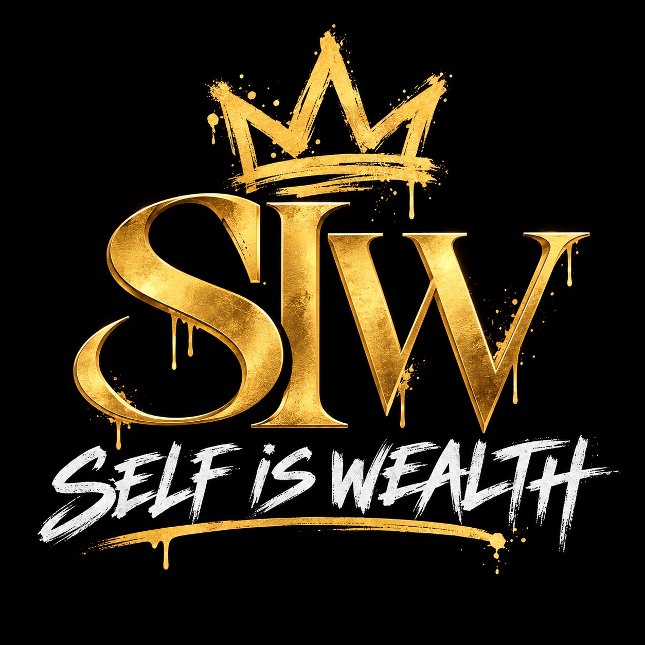 SIW Self Is Wealth crown logo in gold and white on black